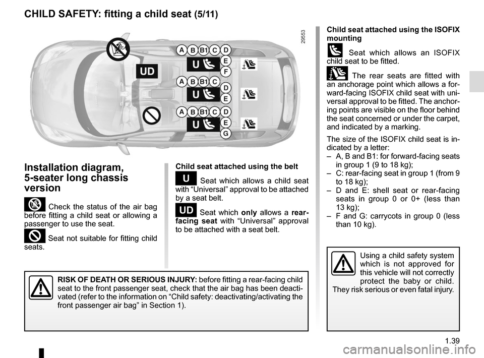 RENAULT SCENIC 2015 J95 / 3.G Service Manual 1.39
CHILD SAFETY: fitting a child seat (5/11)
Child seat attached using the ISOFIX
mounting
ü Seat which allows an ISOFIX
child seat to be fitted.
± The rear seats are fitted with
an anchorage RENAULT SCENIC 2015 J95 / 3.G Service Manual 1.39
CHILD SAFETY: fitting a child seat (5/11)
Child seat attached using the ISOFIX
mounting
ü Seat which allows an ISOFIX
child seat to be fitted.
± The rear seats are fitted with
an anchorage