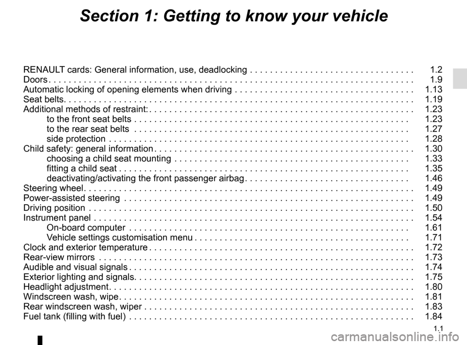 RENAULT SCENIC 2015 J95 / 3.G Owners Manual 1.1
Section 1: Getting to know your vehicle
RENAULT cards: General information, use, deadlocking . . . . . . . . . . . . . . . . . . . . . . . . . . . . . . . . .   1.2
Doors . . . . . . . . . . . . .