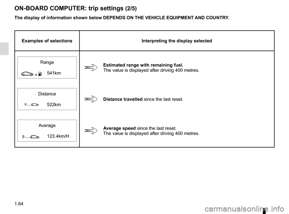 RENAULT SCENIC 2015 J95 / 3.G Owners Manual 1.64
ON-BOARD COMPUTER: trip settings (2/5)
The display of information shown below DEPENDS ON THE VEHICLE EQUIPMENT \
AND COUNTRY.
Examples of selectionsInterpreting the display selected
Range
Estimat
