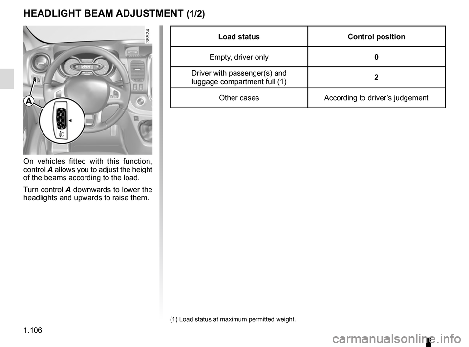 RENAULT TRAFIC 2015 X82 / 3.G Owners Manual 1.106
HEADLIGHT BEAM ADJUSTMENT (1/2)
On vehicles fitted with this function, 
control A allows you to adjust the height 
of the beams according to the load.
Turn control A downwards to lower the 
head