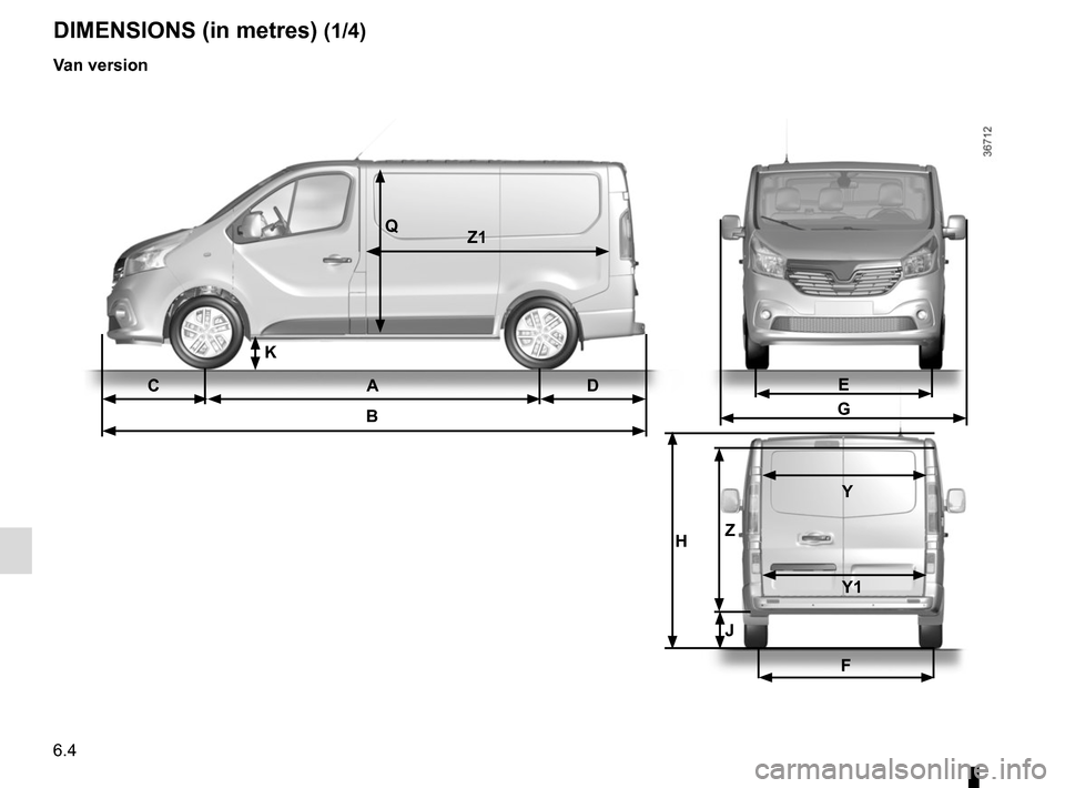 RENAULT TRAFIC 2015 X82 / 3.G Owners Manual 6.4
CA DB
DIMENSIONS (in metres) (1/4)
Van version
QZ1
E
G
F
H Z  Y
   Y1
J
K  