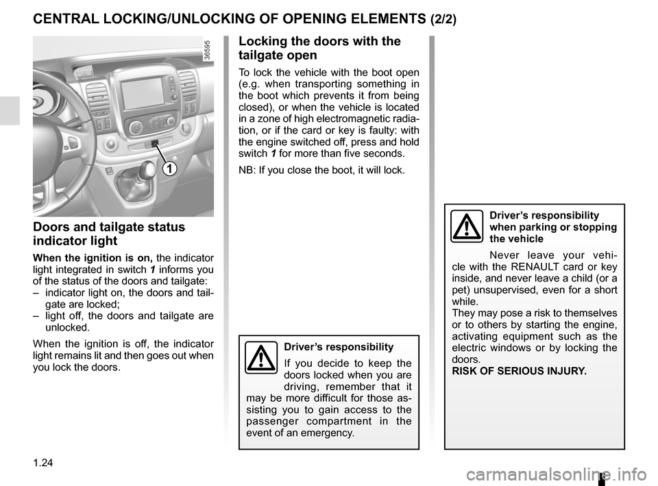 RENAULT TRAFIC 2015 X82 / 3.G Owners Manual 1.24
CENTRAL LOCKING/UNLOCKING OF OPENING ELEMENTS (2/2)
Locking the doors with the 
tailgate open
To lock the vehicle with the boot open 
(e.g. when transporting something in 
the boot which prevents