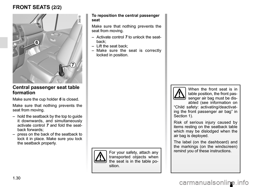 RENAULT TRAFIC 2015 X82 / 3.G Owners Manual 1.30
FRONT SEATS (2/2)
Central passenger seat table 
formation
Make sure the cup holder 6 is closed.
Make sure that nothing prevents the 
seat from moving.
–  hold the seatback by the top to guide  