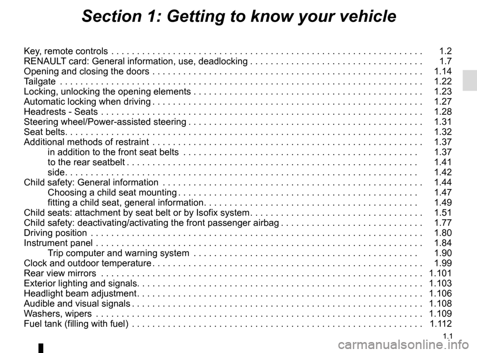 RENAULT TRAFIC 2015 X82 / 3.G Owners Manual 1.1
Section 1: Getting to know your vehicle
Key, remote controls  . . . . . . . . . . . . . . . . . . . . . . . . . . . . . . . . . . . .\ . . . . . . . . . . . . . . . . . . . . . . . . .   1.2
RENA