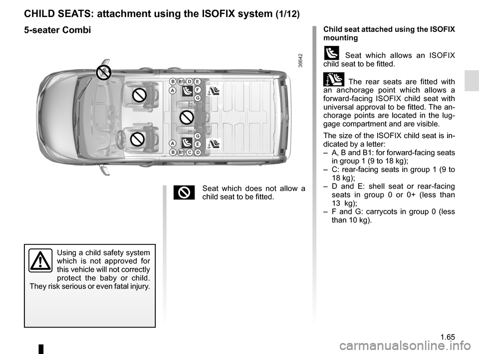RENAULT TRAFIC 2015 X82 / 3.G Manual PDF 1.65
Child seat attached using the ISOFIX
mounting
ü Seat which allows an ISOFIX
child seat to be fitted.
± The rear seats are fitted with
an anchorage point which allows a
forward-facing ISOFI RENAULT TRAFIC 2015 X82 / 3.G Manual PDF 1.65
Child seat attached using the ISOFIX
mounting
ü Seat which allows an ISOFIX
child seat to be fitted.
± The rear seats are fitted with
an anchorage point which allows a
forward-facing ISOFI
