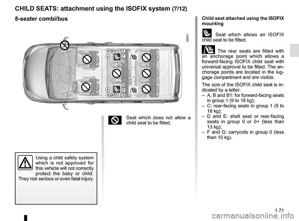 RENAULT TRAFIC 2015 X82 / 3.G User Guide 1.71
Child seat attached using the ISOFIX  
mounting
ü Seat which allows an ISOFIX 
child seat to be fitted.
± The rear seats are fitted with 
an anchorage point which allows a 
forward-facing ISOFI