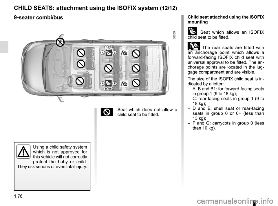 RENAULT TRAFIC 2015 X82 / 3.G User Guide 1.76
Child seat attached using the ISOFIX  
mounting
ü Seat which allows an ISOFIX 
child seat to be fitted.
± The rear seats are fitted with 
an anchorage point which allows a 
forward-facing ISOFI