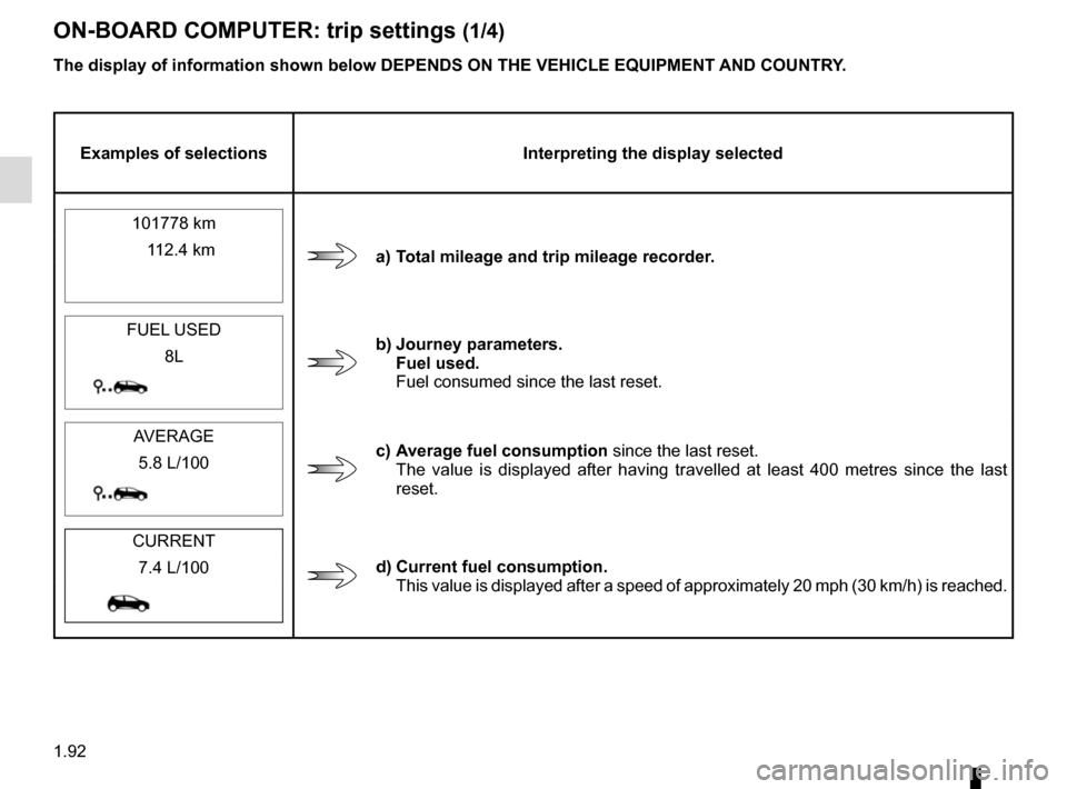 RENAULT TRAFIC 2015 X82 / 3.G Owners Manual 1.92
ON-BOARD COMPUTER: trip settings (1/4)
The display of information shown below DEPENDS ON THE VEHICLE EQUIPMENT \
AND COUNTRY.
Examples of selectionsInterpreting the display selected
101778 km
a) 
