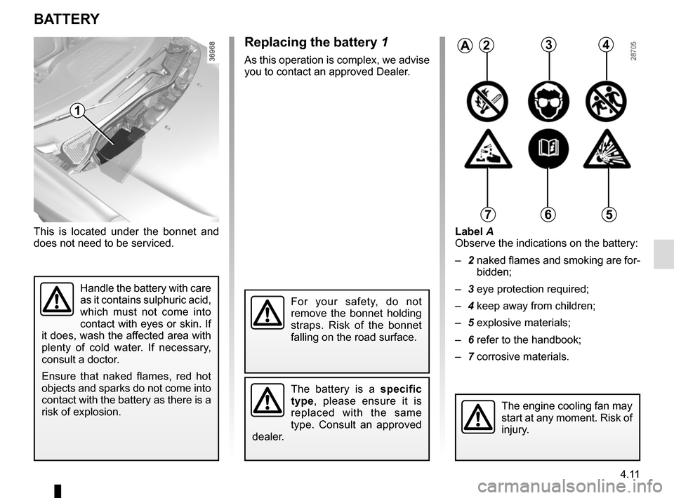 RENAULT TWINGO 2015 3.G Owners Manual 4.11
This is located under the bonnet and 
does not need to be serviced.Label A
Observe the indications on the battery:
– 
2  naked flames and smoking are for-
bidden;
–  3 eye protection required