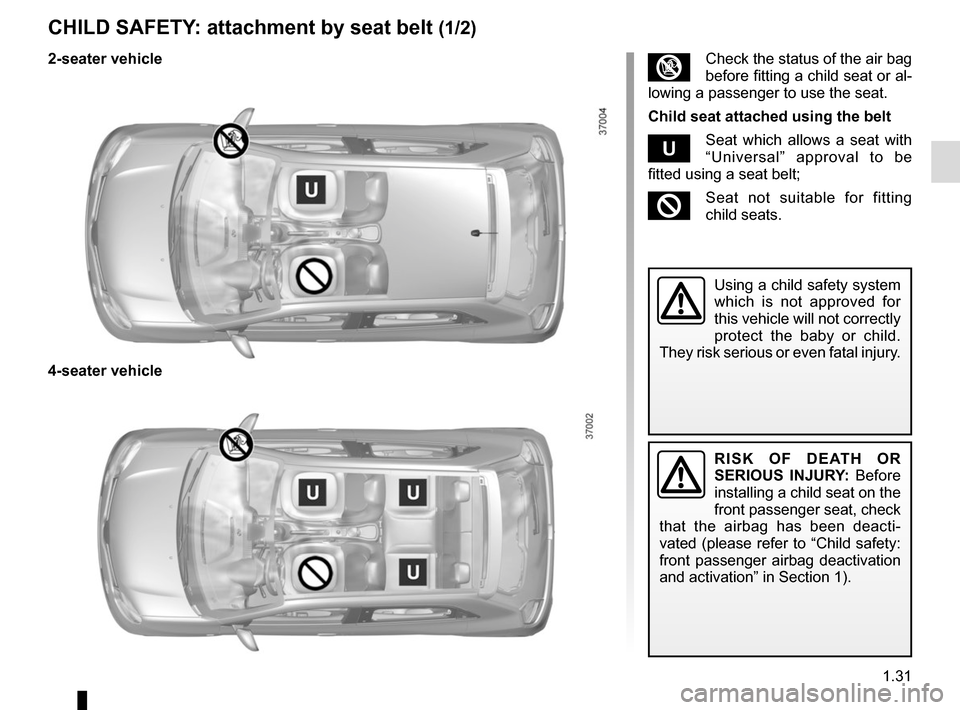 RENAULT TWINGO 2015 3.G Owners Guide 1.31
CHILD SAFETY: attachment by seat belt (1/2)
RISK OF DEATH OR 
SERIOUS INJURY: Before 
installing a child seat on the 
front passenger seat, check 
that the airbag has been deacti-
vated (please r