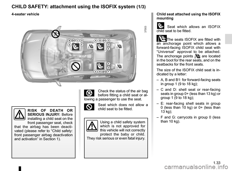 RENAULT TWINGO 2015 3.G Owners Manual 1.33
CHILD SAFETY: attachment using the ISOFIX system (1/3)
RISK OF DEATH OR 
SERIOUS INJURY: Before 
installing a child seat on the 
front passenger seat, check 
that the airbag has been deacti-
vate