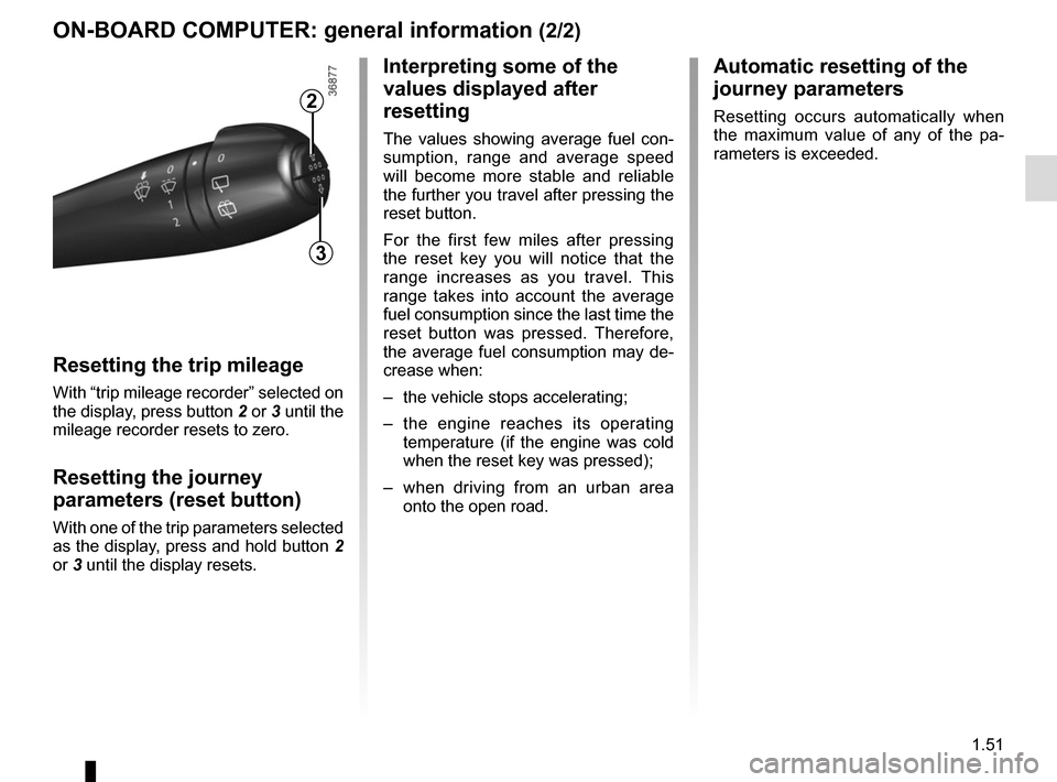 RENAULT TWINGO 2015 3.G Owners Manual 1.51
ON-BOARD COMPUTER: general information (2/2)
Resetting the trip mileage
With “trip mileage recorder” selected on 
the display, press button 2 or 3 until the 
mileage recorder resets to zero.
