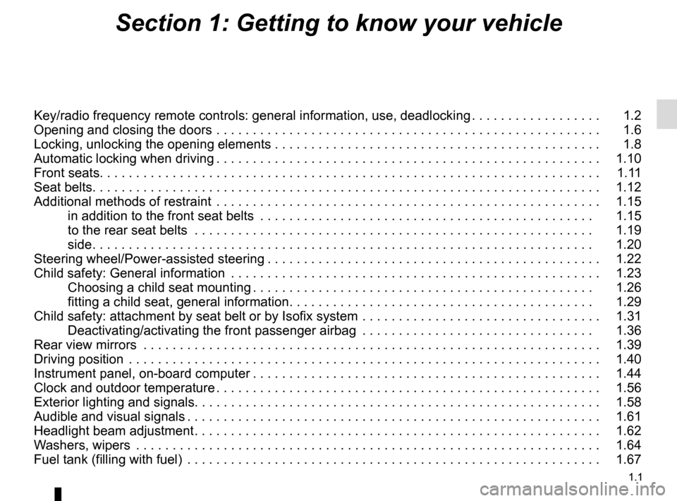 RENAULT TWINGO 2015 3.G Owners Manual 1.1
Section 1: Getting to know your vehicle
Key/radio frequency remote controls: general information, use, deadlocki\
ng . . . . . . . . . . . . . . . . . .   1.2
Opening and closing the doors . . . .