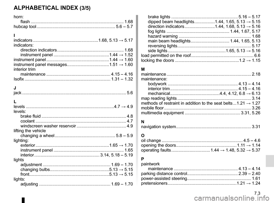 RENAULT CAPTUR 2016 1.G Owners Manual 7.3
ALPHABETICAL INDEX (3/5)
horn:flash ..................................................................\
........... 1.68
hubcap tool ............................................................... RENAULT CAPTUR 2016 1.G Owners Manual 7.3
ALPHABETICAL INDEX (3/5)
horn:flash ..................................................................\
........... 1.68
hubcap tool ...............................................................