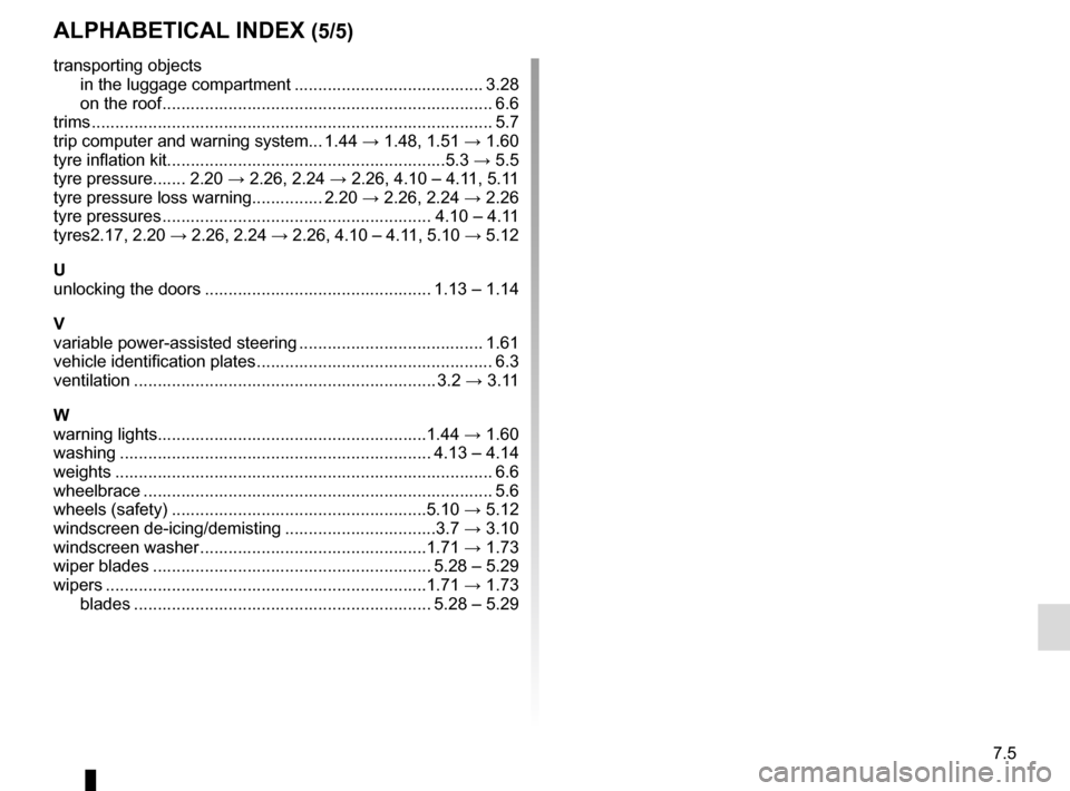 RENAULT CAPTUR 2016 1.G Owners Manual 7.5
ALPHABETICAL INDEX (5/5)
transporting objectsin the luggage compartment ........................................ 3.28
on the roof ..................................................................