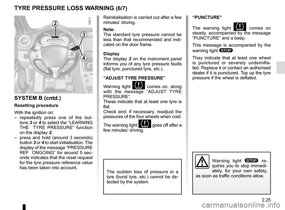 RENAULT CLIO 2016 X98 / 4.G Owners Manual 2.25
TYRE PRESSURE LOSS WARNING (6/7)
Reinitialisation is carried out after a few 
minutes’ driving.
Note:
The standard tyre pressure cannot be 
less than that recommended and indi-
cated on the doo