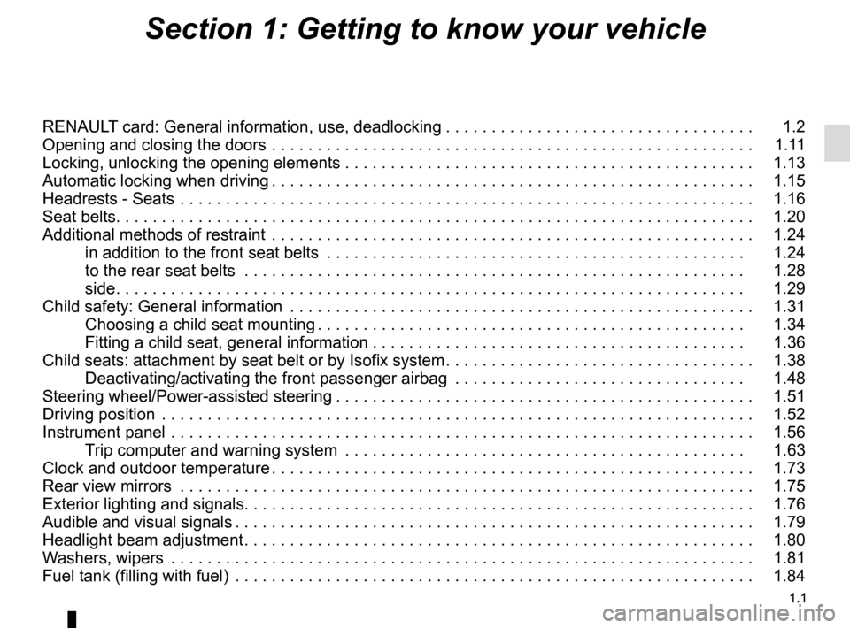 RENAULT CLIO 2016 X98 / 4.G Owners Manual 1.1
Section 1: Getting to know your vehicle
RENAULT card: General information, use, deadlocking . . . . . . . . . . . . . . . . . . . . . . . . . . . . . . . . . .   1.2
Opening and closing the doors 