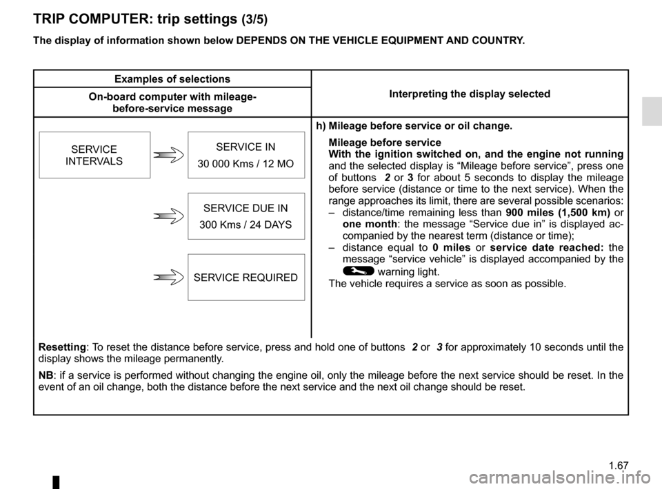 RENAULT CLIO 2016 X98 / 4.G Manual PDF 1.67
TRIP COMPUTER: trip settings (3/5)
The display of information shown below DEPENDS ON THE VEHICLE EQUIPMENT \
AND COUNTRY.
Examples of selectionsInterpreting the display selected
On-board computer RENAULT CLIO 2016 X98 / 4.G Manual PDF 1.67
TRIP COMPUTER: trip settings (3/5)
The display of information shown below DEPENDS ON THE VEHICLE EQUIPMENT \
AND COUNTRY.
Examples of selectionsInterpreting the display selected
On-board computer
