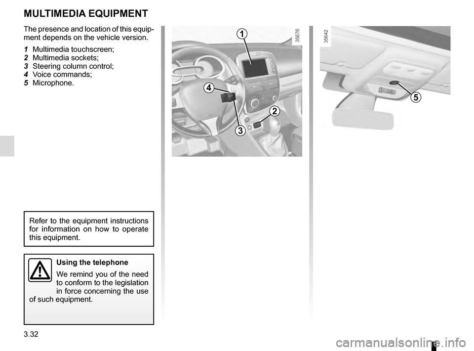 RENAULT CLIO ESTATE 2016 X98 / 4.G Owners Manual 3.32
The presence and location of this equip-
ment depends on the vehicle version.
1 Multimedia touchscreen;
2 Multimedia sockets;
3  Steering column control;
4 Voice commands;
5 Microphone.
Using the