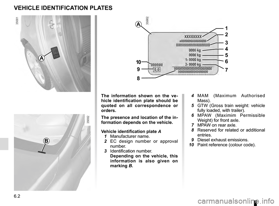 RENAULT CLIO ESTATE 2016 X98 / 4.G Owners Manual 6.2
VEHICLE IDENTIFICATION PLATES
A
B
The information shown on the ve-
hicle identification plate should be
quoted on all correspondence or
orders.
The presence and location of the in-
formation dep RENAULT CLIO ESTATE 2016 X98 / 4.G Owners Manual 6.2
VEHICLE IDENTIFICATION PLATES
A
B
The information shown on the ve-
hicle identification plate should be
quoted on all correspondence or
orders.
The presence and location of the in-
formation dep