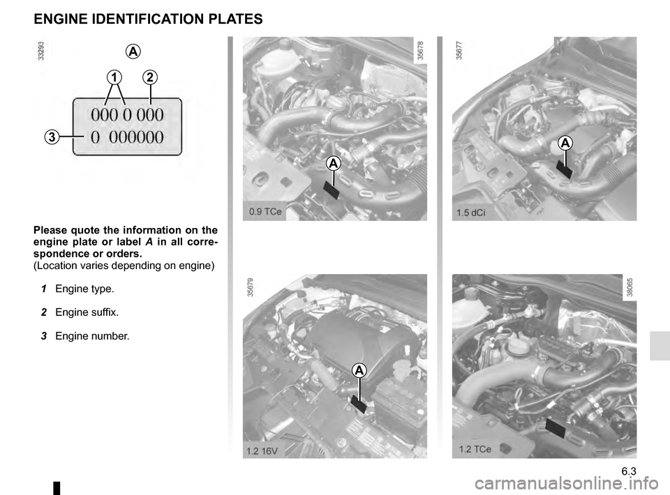 RENAULT CLIO ESTATE 2016 X98 / 4.G Owners Manual 6.3
Please quote the information on the 
engine plate or label A  in all corre-
spondence or orders.
(Location varies depending on engine)
  1 Engine type.
  2 Engine suffix.
  3 Engine number.
ENGINE