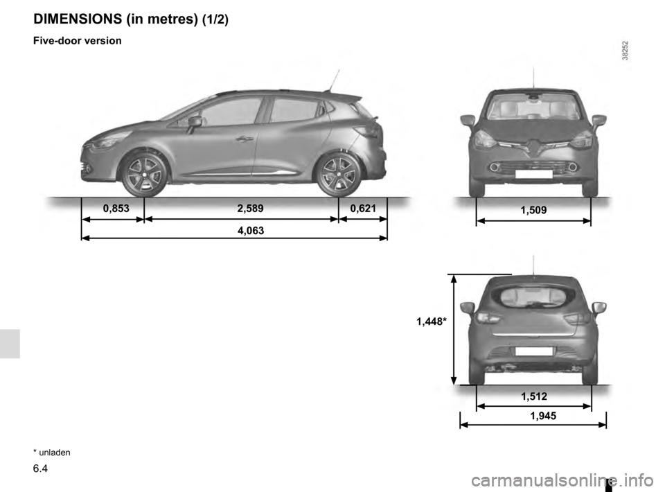 RENAULT CLIO ESTATE 2016 X98 / 4.G Owners Manual 6.4
1,448*
1,5090,8532,5890,621
4,063
DIMENSIONS (in metres) (1/2)
1,512 1,945
* unladen
Five-door version RENAULT CLIO ESTATE 2016 X98 / 4.G Owners Manual 6.4
1,448*
1,5090,8532,5890,621
4,063
DIMENSIONS (in metres) (1/2)
1,512 1,945
* unladen
Five-door version