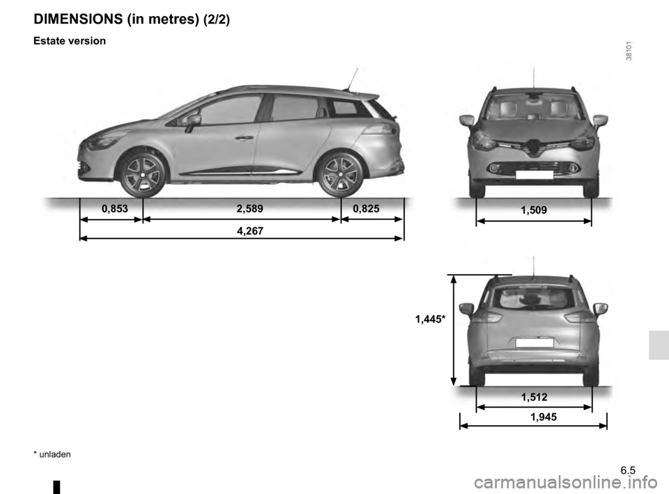 RENAULT CLIO ESTATE 2016 X98 / 4.G Owners Manual 6.5
DIMENSIONS (in metres) (2/2)
* unladen
Estate version
1,5090,8532,5890,825
4,267
1,512 1,945
1,445* RENAULT CLIO ESTATE 2016 X98 / 4.G Owners Manual 6.5
DIMENSIONS (in metres) (2/2)
* unladen
Estate version
1,5090,8532,5890,825
4,267
1,512 1,945
1,445*