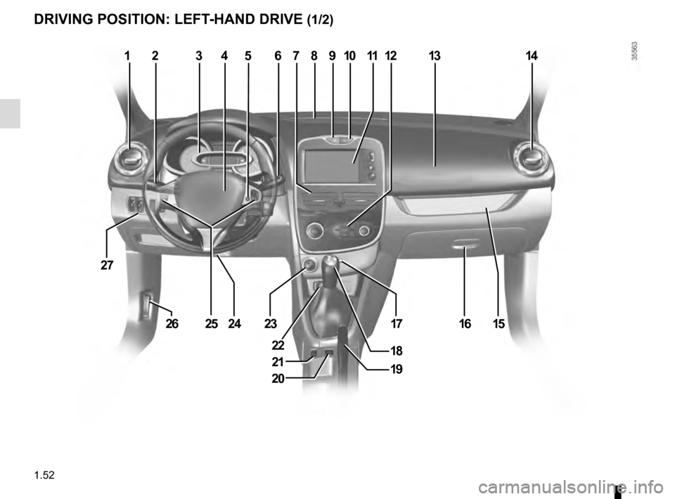 RENAULT CLIO ESTATE 2016 X98 / 4.G Workshop Manual 1.52
DRIVING POSITION: LEFT-HAND DRIVE (1/2)
1234687111214
1615
10
1723
27
2426
19
9
1822
13
20
21
25
5 RENAULT CLIO ESTATE 2016 X98 / 4.G Workshop Manual 1.52
DRIVING POSITION: LEFT-HAND DRIVE (1/2)
1234687111214
1615
10
1723
27
2426
19
9
1822
13
20
21
25
5