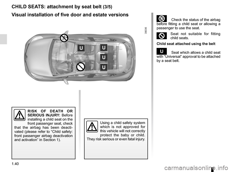 RENAULT CLIO SPORT TOURER 2016 X98 / 4.G Service Manual 1.40
CHILD SEATS: attachment by seat belt (3/5)
³ Check the status of the airbag
before fitting a child seat or allowing a
passenger to use the seat.
²Seat not suitable for fitting
child seats.
RENAULT CLIO SPORT TOURER 2016 X98 / 4.G Service Manual 1.40
CHILD SEATS: attachment by seat belt (3/5)
³ Check the status of the airbag
before fitting a child seat or allowing a
passenger to use the seat.
²Seat not suitable for fitting
child seats.