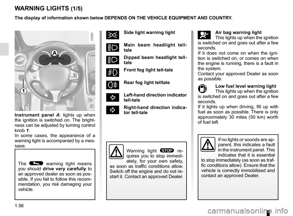 RENAULT CLIO SPORT TOURER 2016 X98 / 4.G Repair Manual 1.56
WARNING LIGHTS (1/5)
šSide light warning light   
áMain beam headlight tell-
tale  
kDipped beam headlight tell-
tale
gFront fog light tell-tale   
fRear fog light telltale   
cLeft-hand direct
