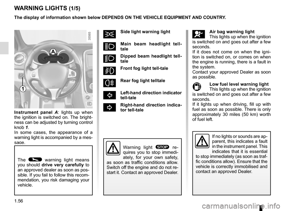 RENAULT CLIO SPORT TOURER 2016 X98 / 4.G User Guide 1.56
WARNING LIGHTS (1/5)
šSide light warning light   
áMain beam headlight tell-
tale  
kDipped beam headlight tell-
tale
gFront fog light tell-tale   
fRear fog light telltale   
cLeft-hand direct