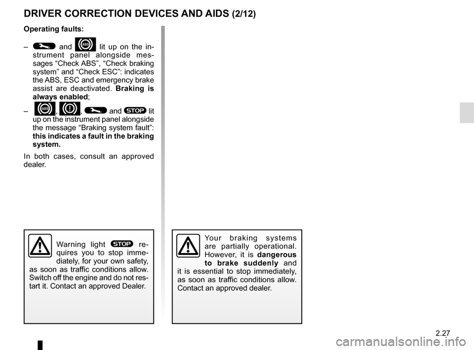 RENAULT ESPACE 2016 5.G Owners Manual 2.27
DRIVER CORRECTION DEVICES AND AIDS (2/12)
Operating faults:
– 
© and x lit up on the in-
strument panel alongside mes-
sages “Check ABS”, “Check braking 
system” and “Check ESC”: i