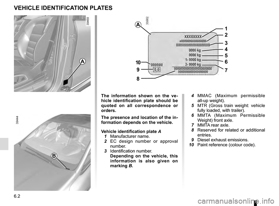 RENAULT ESPACE 2016 5.G Owners Manual 6.2
VEHICLE IDENTIFICATION PLATES
A
B
A
97
8
10
5
1
2
3
4
6
The information shown on the ve-
hicle identification plate should be
quoted on all correspondence or
orders.
The presence and location of RENAULT ESPACE 2016 5.G Owners Manual 6.2
VEHICLE IDENTIFICATION PLATES
A
B
A
97
8
10
5
1
2
3
4
6
The information shown on the ve-
hicle identification plate should be
quoted on all correspondence or
orders.
The presence and location of
