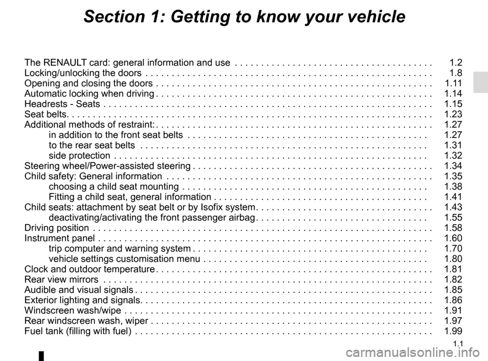 RENAULT ESPACE 2016 5.G Owners Manual 1.1
Section 1: Getting to know your vehicle
The RENAULT card: general information and use  . . . . . . . . . . . . . . . . . . . . . . . . . . . . . . . . . . . .\ . .   1.2
Locking/unlocking the doo