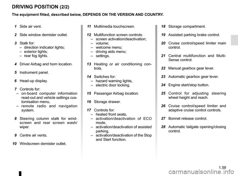 RENAULT ESPACE 2016 5.G Repair Manual 1.59
DRIVING POSITION (2/2)
The equipment fitted, described below, DEPENDS ON THE VERSION AND COUNTRY.
 1  Side air vent.
  2  Side window demister outlet.
  3 Stalk for:
–  direction indicator ligh