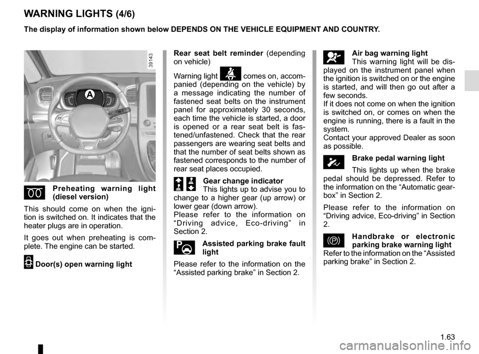 RENAULT ESPACE 2016 5.G Repair Manual 1.63
WARNING LIGHTS (4/6)
ÉPreheating warning light
(diesel version)
This should come on when the igni-
tion is switched on. It indicates that the
heater plugs are in operation.
It goes out when pr RENAULT ESPACE 2016 5.G Repair Manual 1.63
WARNING LIGHTS (4/6)
ÉPreheating warning light
(diesel version)
This should come on when the igni-
tion is switched on. It indicates that the
heater plugs are in operation.
It goes out when pr