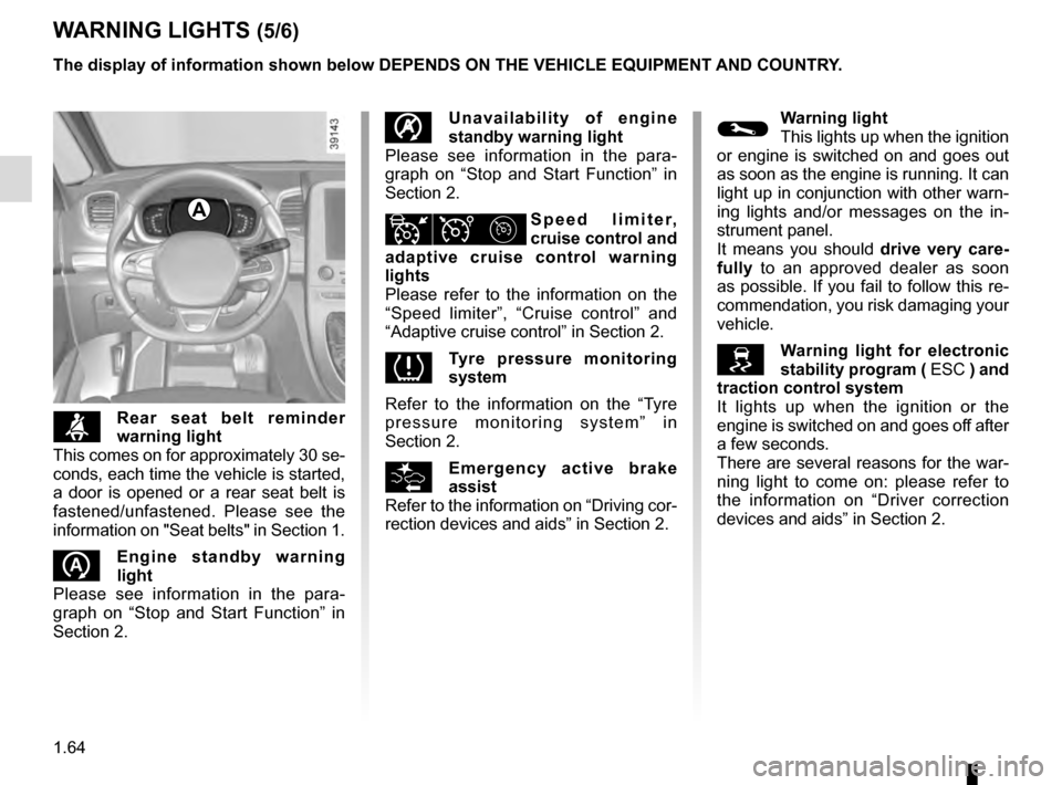 RENAULT ESPACE 2016 5.G Repair Manual 1.64
WARNING LIGHTS (5/6)
The display of information shown below DEPENDS ON THE VEHICLE EQUIPMENT \
AND COUNTRY.
©Warning light
This lights up when the ignition 
or engine is switched on and goes out