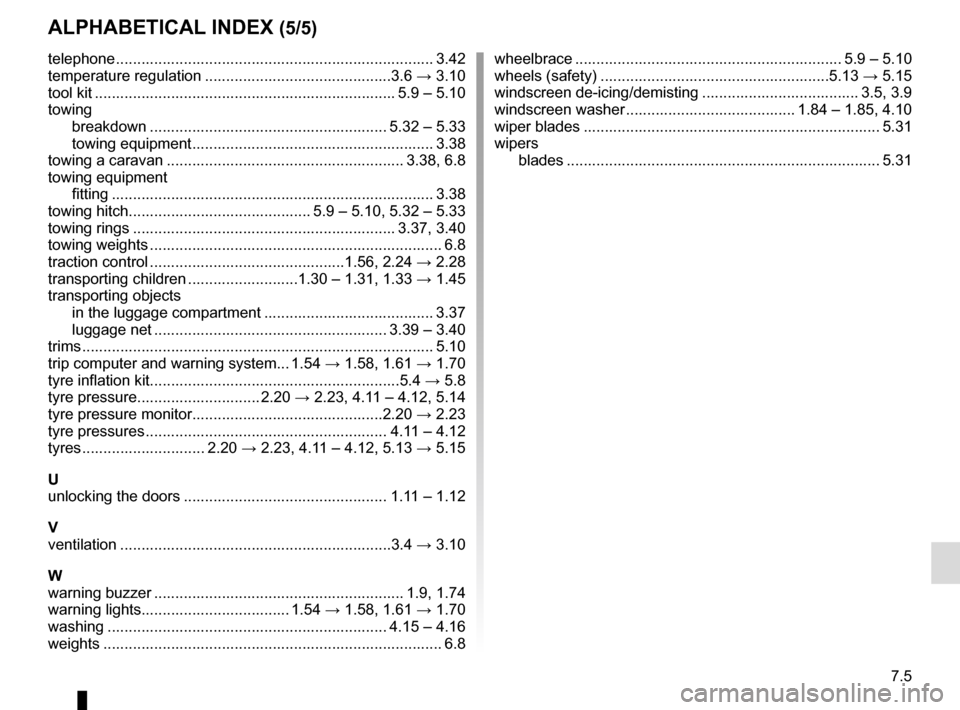 RENAULT GRAND SCENIC 2016 J95 / 3.G Owners Manual 7.5
ALPHABETICAL INDEX (5/5)
telephone ..............................................................\
............. 3.42
temperature regulation ............................................3.6 → 3.1