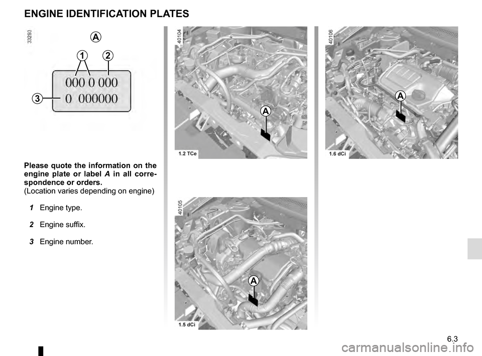 RENAULT KADJAR 2016 1.G Owners Manual 6.3
Please quote the information on the 
engine plate or label A  in all corre-
spondence or orders.
(Location varies depending on engine)
  1 Engine type.
  2 Engine suffix.
  3 Engine number.
ENGINE