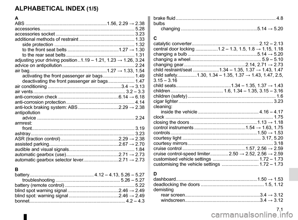 RENAULT KADJAR 2016 1.G Owners Manual 7.1
ALPHABETICAL INDEX (1/5)
A
ABS ..............................................................1.56, \
2.29 → 2.38
accessories.............................................................\
...... RENAULT KADJAR 2016 1.G Owners Manual 7.1
ALPHABETICAL INDEX (1/5)
A
ABS ..............................................................1.56, \
2.29 → 2.38
accessories.............................................................\
......