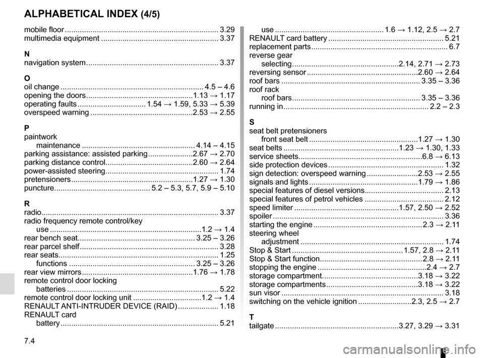 RENAULT KADJAR 2016 1.G Owners Manual 7.4
ALPHABETICAL INDEX (4/5)
mobile floor ........................................................................\
 3.29
multimedia equipment ....................................................... 3