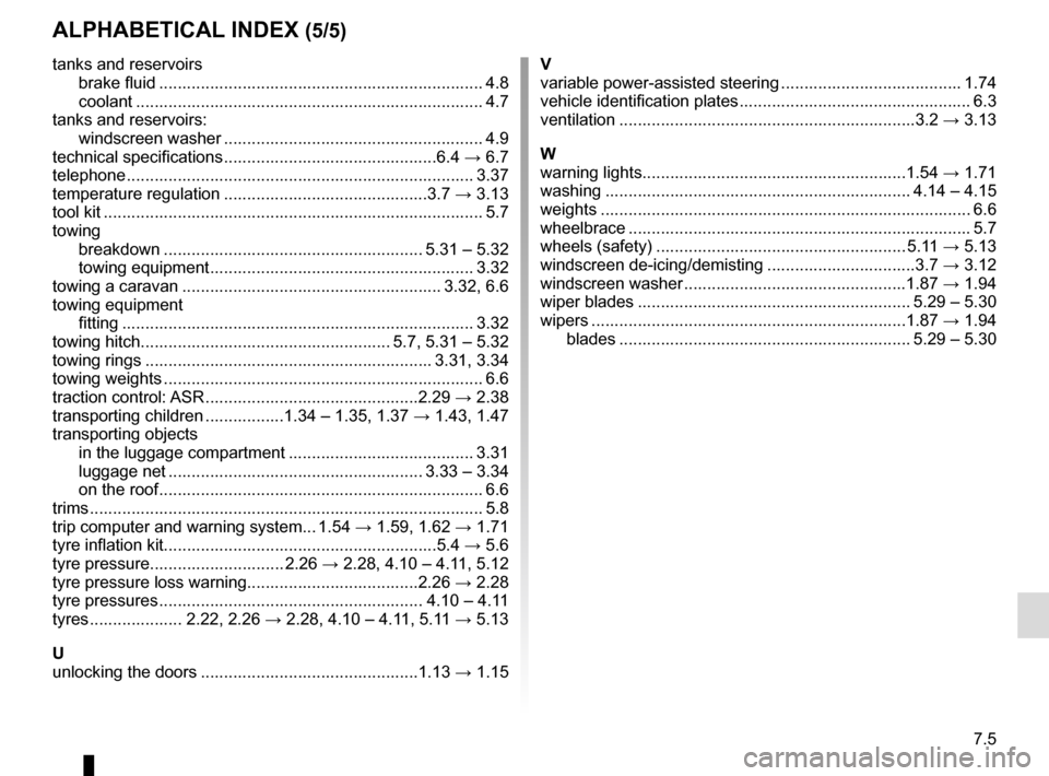 RENAULT KADJAR 2016 1.G Owners Manual 7.5
ALPHABETICAL INDEX (5/5)
tanks and reservoirsbrake fluid ...................................................................... 4.8
coolant ........................................................