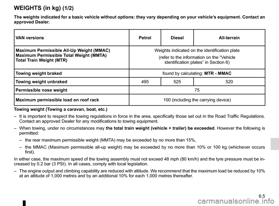 RENAULT KANGOO 2016 X61 / 2.G Owners Manual technical specifications ......................... (up to the end of the DU)
towing a caravan  .................................. (up to the end of the DU)
towing weights  ............................