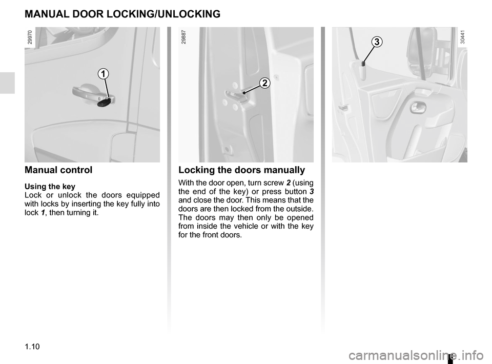 RENAULT MASTER 2016 X62 / 2.G Owners Manual 1.10
MANUAL DOOR LOCKING/UNLOCKING
Manual control
Using the key
Lock or unlock the doors equipped 
with locks by inserting the key fully into 
lock 1, then turning it.
Locking the doors manually
With 