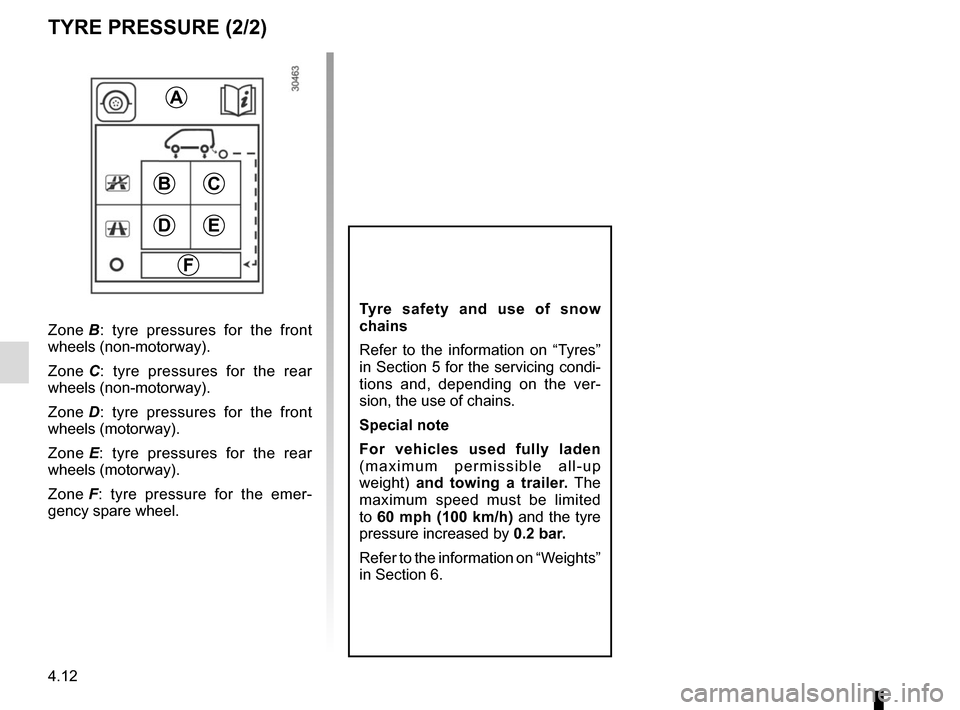 RENAULT MASTER 2016 X62 / 2.G Owners Manual 4.12
BC
ED
F
A
Zone B: tyre pressures for the front 
wheels (non-motorway).
Zone C : tyre pressures for the rear 
wheels (non-motorway).
Zone D : tyre pressures for the front 
wheels (motorway).
Zone 