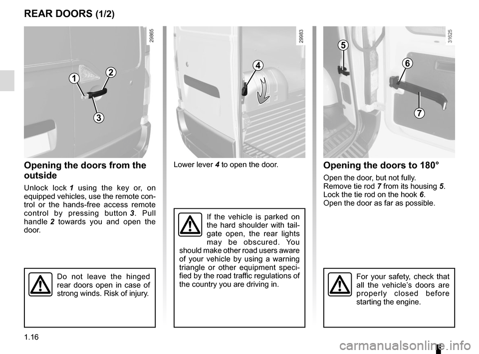 RENAULT MASTER 2016 X62 / 2.G User Guide 1.16
Lower lever 4 to open the door.
If the vehicle is parked on 
the hard shoulder with tail-
gate open, the rear lights 
may be obscured. You 
should make other road users aware 
of your vehicle by 