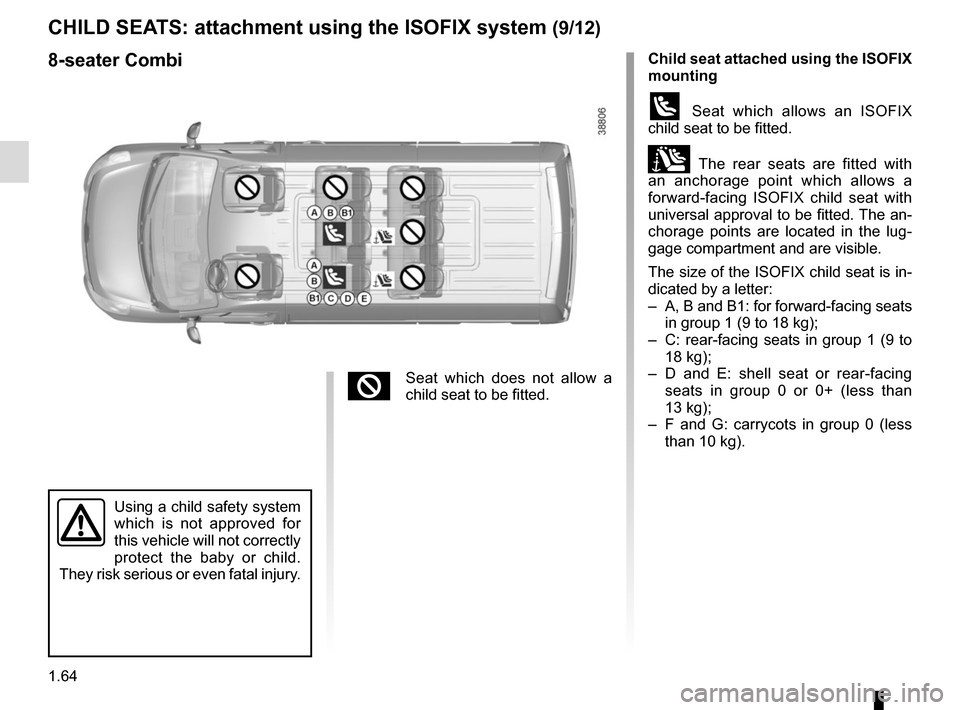 RENAULT MASTER 2016 X62 / 2.G Repair Manual 1.64
Child seat attached using the ISOFIX
mounting
ü Seat which allows an ISOFIX
child seat to be fitted.
± The rear seats are fitted with
an anchorage point which allows a
forward-facing ISOFI RENAULT MASTER 2016 X62 / 2.G Repair Manual 1.64
Child seat attached using the ISOFIX
mounting
ü Seat which allows an ISOFIX
child seat to be fitted.
± The rear seats are fitted with
an anchorage point which allows a
forward-facing ISOFI