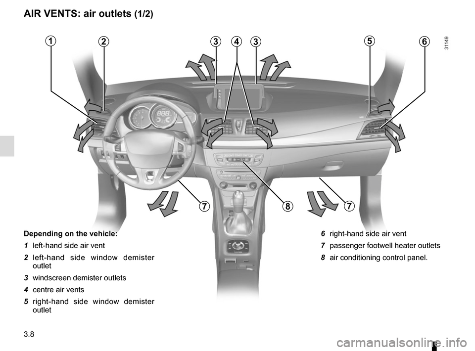 RENAULT MEGANE COUPE CABRIOLET 2016 X95 / 3.G Owners Manual 3.8
AIR VENTS: air outlets (1/2)
Depending on the vehicle:
1  left-hand side air vent
2 left-hand side window demister outlet
3  windscreen demister outlets
4  centre air vents
5 right-hand side windo