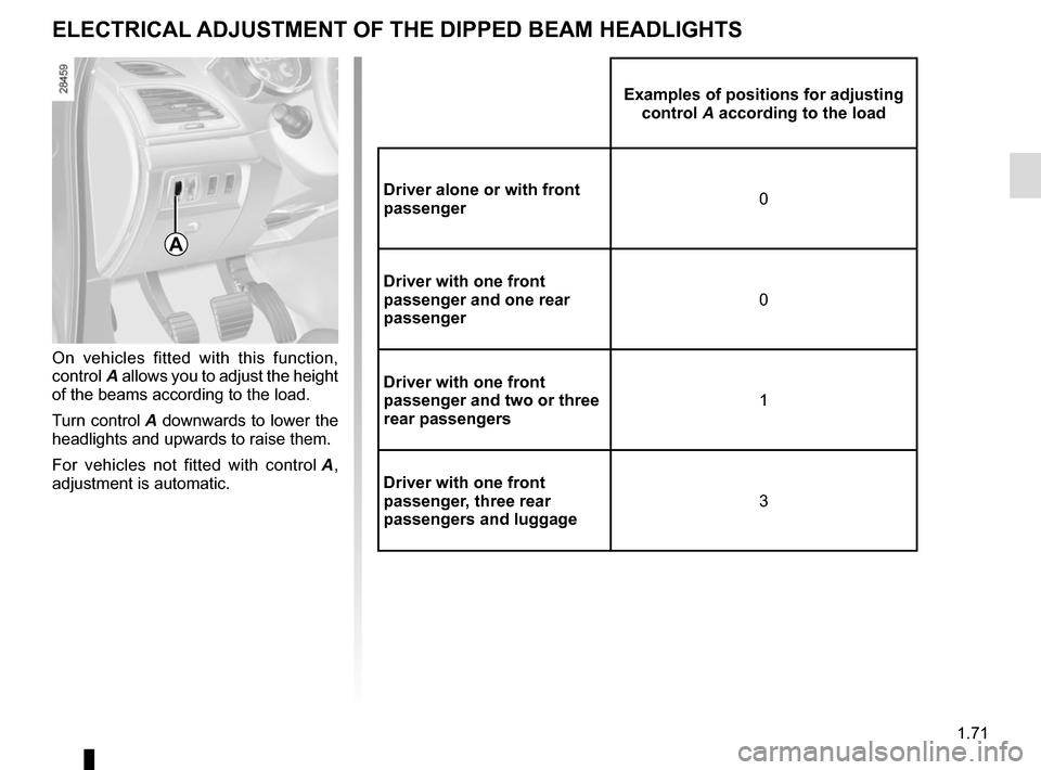 RENAULT MEGANE COUPE CABRIOLET 2016 X95 / 3.G Owners Manual 1.71
On vehicles fitted with this function, 
control A allows you to adjust the height 
of the beams according to the load.
Turn control A downwards to lower the 
headlights and upwards to raise them.
