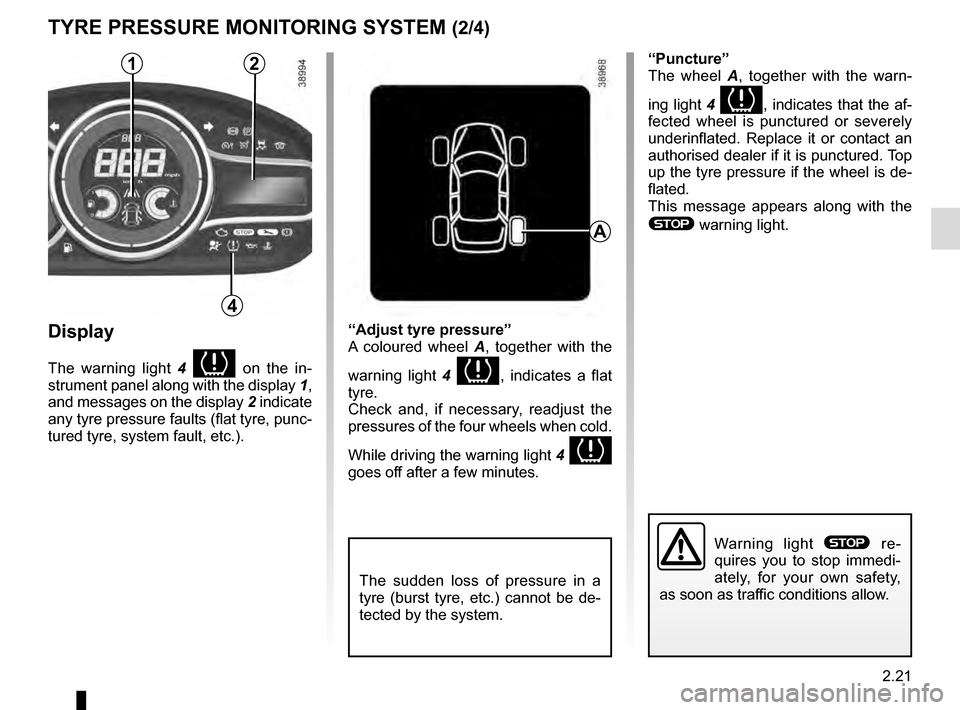 RENAULT MEGANE COUPE 2016 X95 / 3.G Service Manual 2.21
Display
The warning light 4  on the in-
strument panel along with the display  1, 
and messages on the display  2 indicate 
any tyre pressure faults (flat tyre, punc-
tured tyre, system fault, e